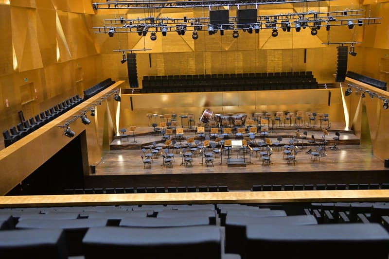 Empty concert hall with golden walls - acoustic perfection
